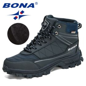 BONA 2022 New Designers Nubuck Hiking Shoes Men Trekking Tourism Camping Shoes Man Plush Warm Winter Anklt Boots Masculino Comfy (Color: Deep blue S gray)