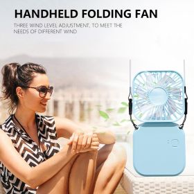 Foldable Electric Fan Strap Type Portable Air Conditioners Camping Mirror USB Rechargeable Small Fan Desktop Summer Convenient (Color: Blue)