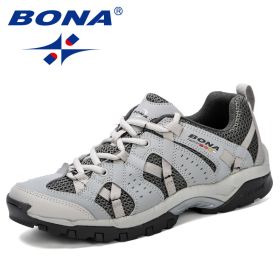 BONA Men Hiking Shoes Lace Up Men Sport Shoes Outdoor Jogging Trekking Sneakers Non-Slip Wear-Resistant Travel Shoes Comfortable (Color: Light gray darkgrey)