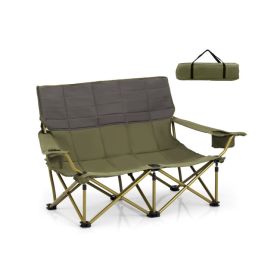 Oversized Camping Chair Folding Loveseat Camping Couch with Cup Holders & Thick Padding (Color: Green)