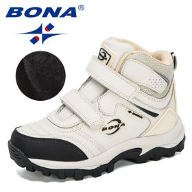 BONA 2020 New Designers Plush Snow Boots Children Sport Sneakers Terkking Boots Kids Hiking Mountain Climbing Camping Footwear (Color: Light beige black)