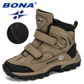 BONA 2020 New Designers Outdoor Snow Boots Boys Girls Plush Sneakers Terkking Boots Children Hiking Mountain Climbing Camping (Color: Medium grey black)